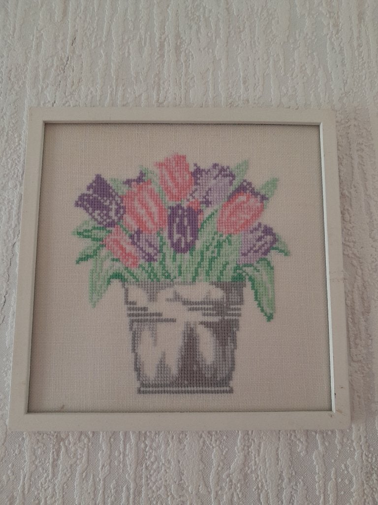 Geborduurd schilderijtje tulpen, Ophalen of Verzenden, Achter glas, 21 cm, 21 cm