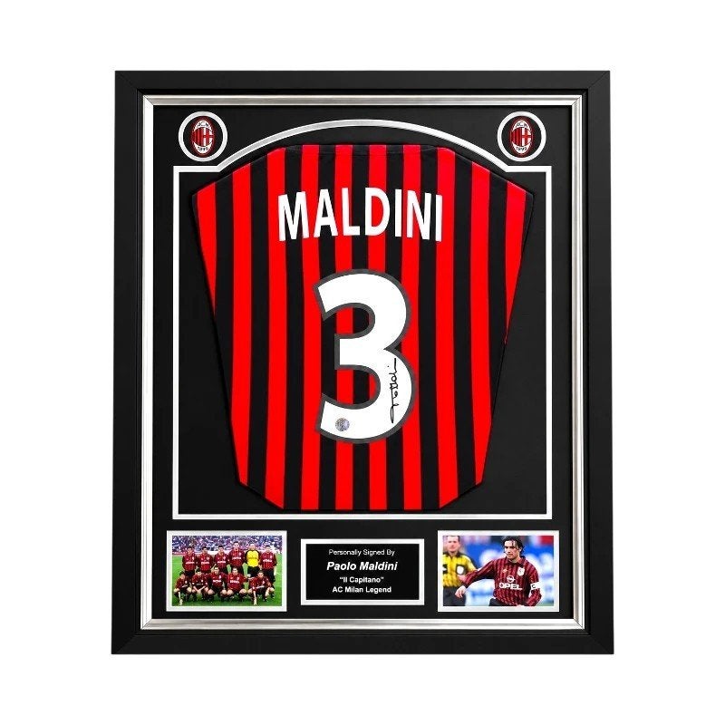 Maldini gesigneerd AC Milan Centenary  shirt Deluxe Frame, Verzamelen, Buitenlandse clubs, Shirt, Info@sportmemorabilianetherlands.com