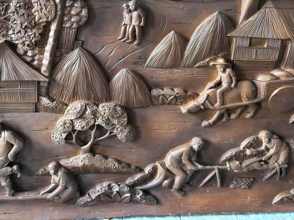 Houten Wandpaneel met Dorpsscène, Antiek en Kunst, Kunst | Beelden en Houtsnijwerken, Ophalen