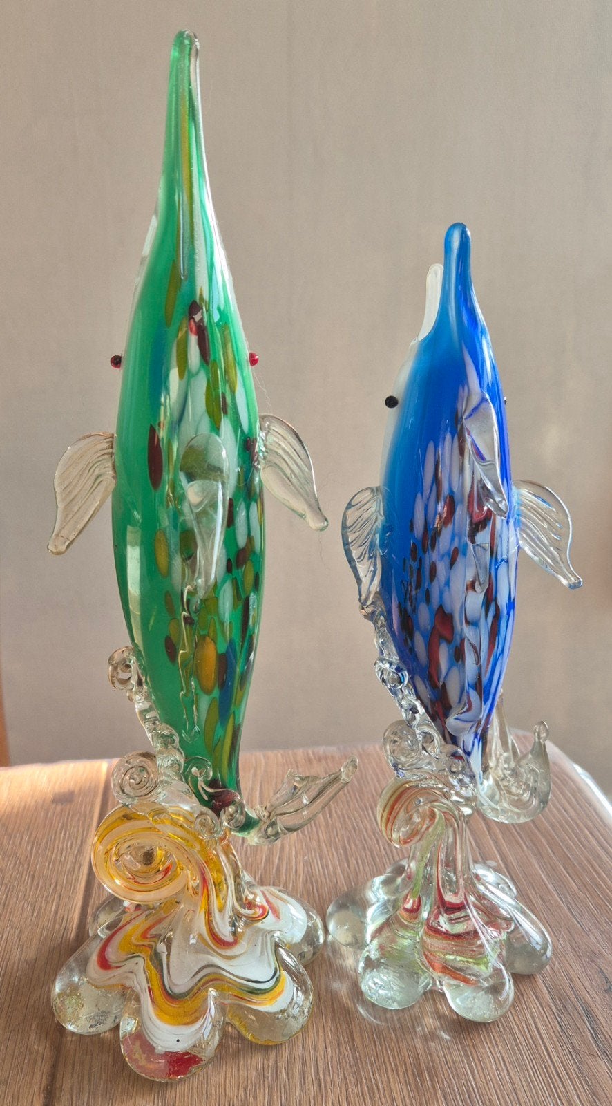 Twee glazen vis vaasjes - Groen & Blauw, Ophalen of Verzenden