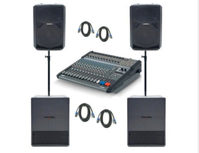 Proel powered 12 kanaals mixer met 4 speaker units en kabels, Muziek en Instrumenten, Mengpanelen, Ophalen, Gebruikt, 10 tot 20 kanalen
