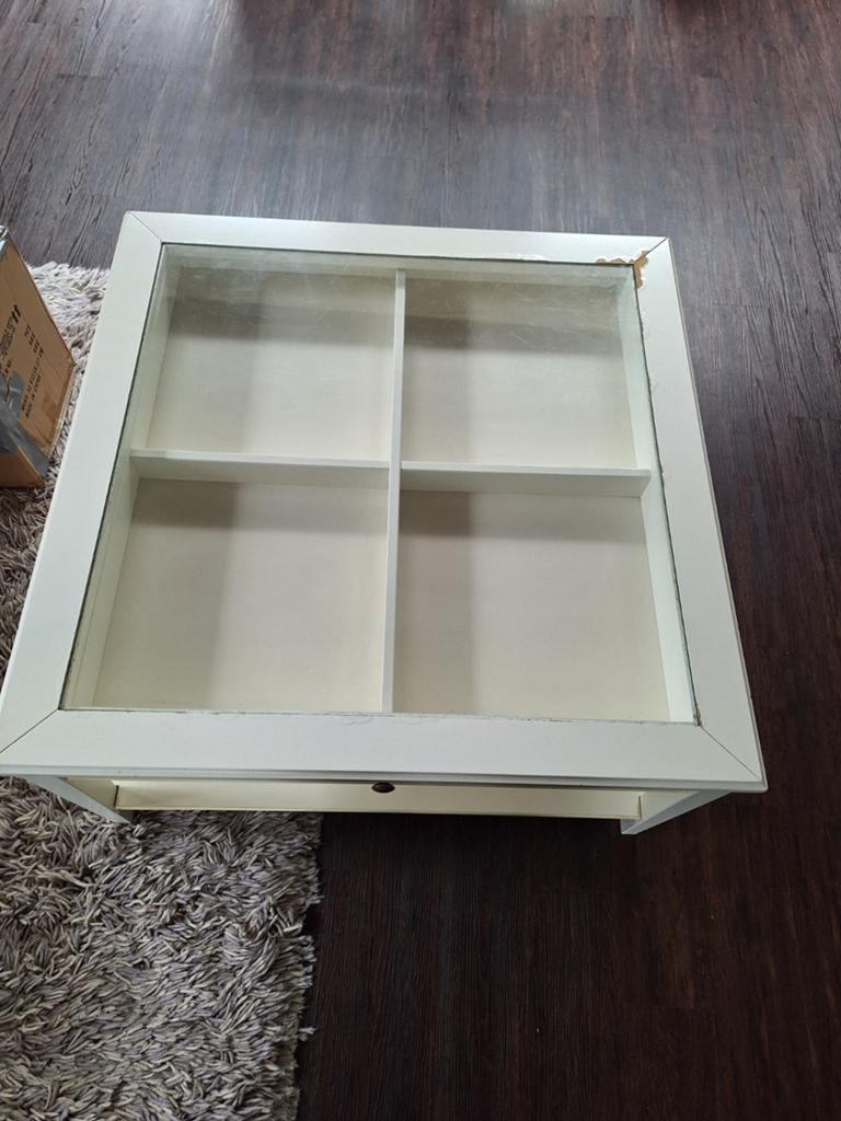 Salontafel, wit, glas, schuiflade, Huis en Inrichting, Tafels | Salontafels, Ophalen, Gebruikt, 50 tot 100 cm, Glas
