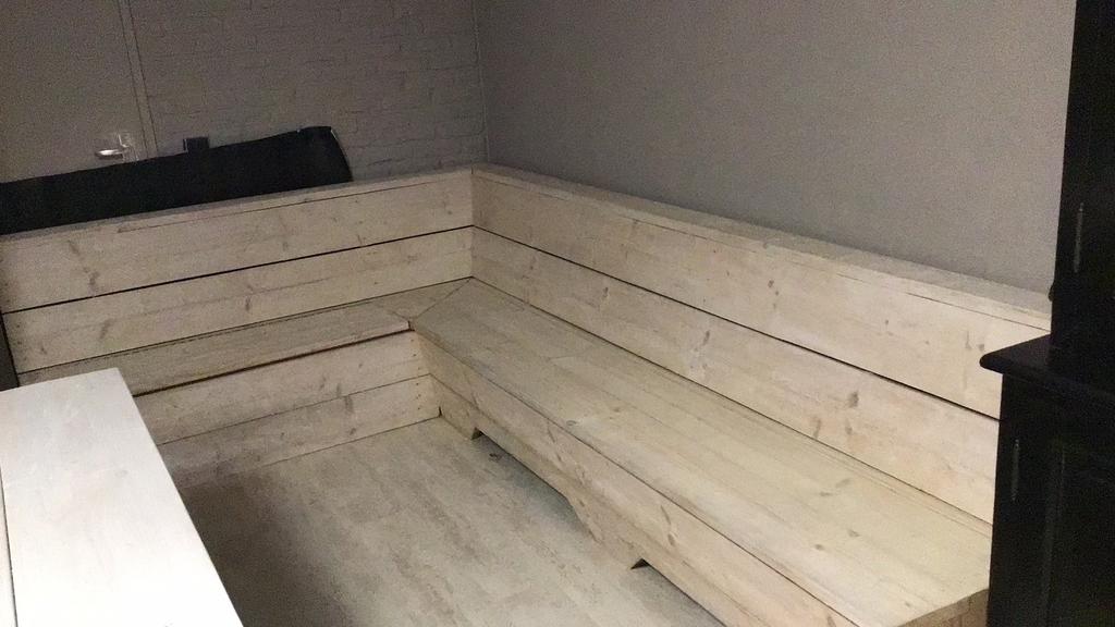 Prachtige steigerhouten hoekbank 280x184cm, Ophalen, 250 tot 300 cm, Minder dan 75 cm, Hoekbank
