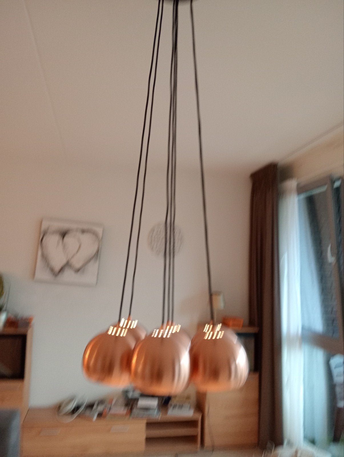 Koperkleurige hanglamp met 6 bollen - Modern design, Ophalen, Gebruikt, E27 (groot), Metaal