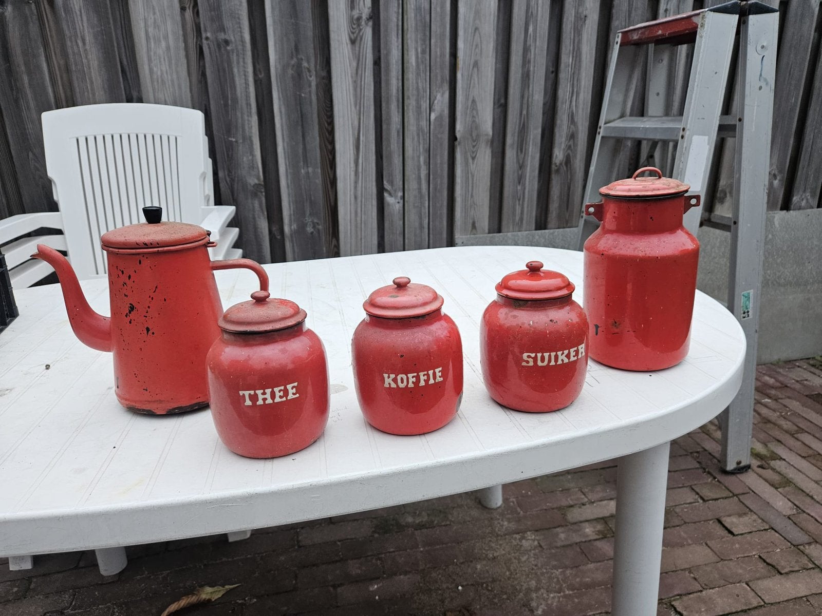 Emaille koffie thee suiker set, Ophalen