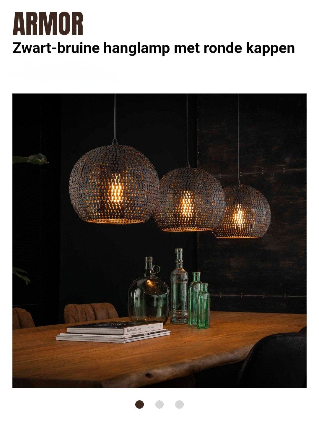 Zwart-bruine design hanglamp Armor 3 ronde metalen kappen, Ophalen, E27 (groot), Zo goed als nieuw, Modern, industrieel, sfeervol