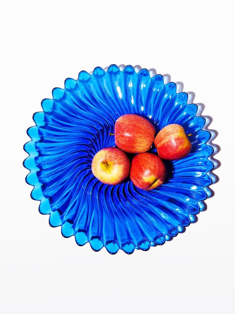 Grote schaal, blauw glas, bloemenrand, Verzenden, Overige stijlen, Glas, Schaal of Schalen