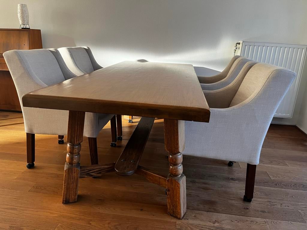 Massief eikenhouten eettafel met gedraaide poten, Ophalen, Gebruikt, 50 tot 100 cm, Eikenhout