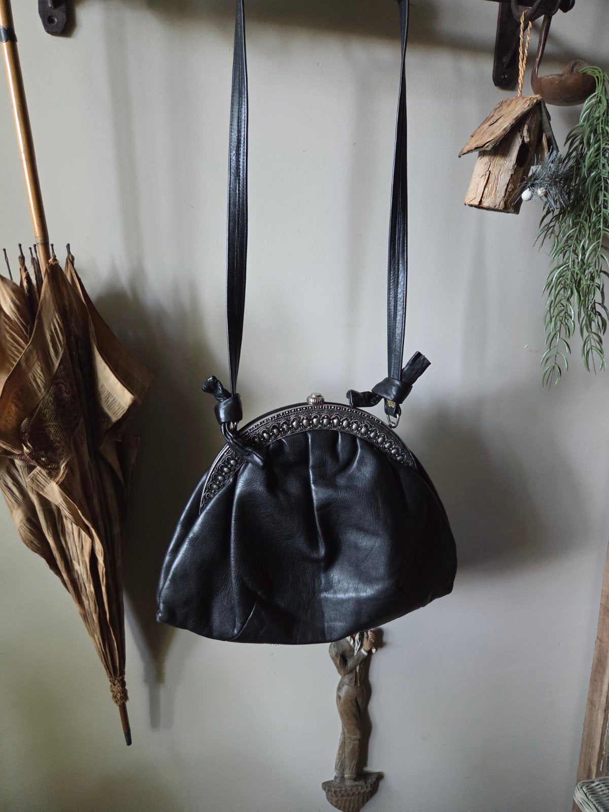 vintage leren schoudertasje / beugeltas, Ophalen of Verzenden, Bruin, Handtas