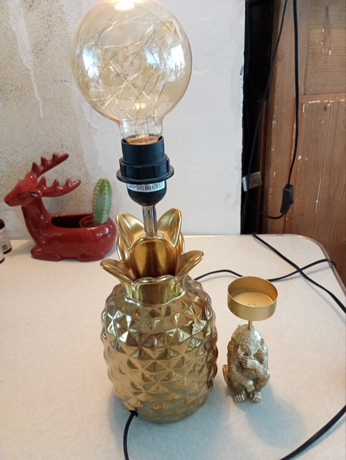 Gouden Ananas Tafellamp plus kandelaartje aapje, Overige merken, Kunststof, E27 (groot), Zo goed als nieuw