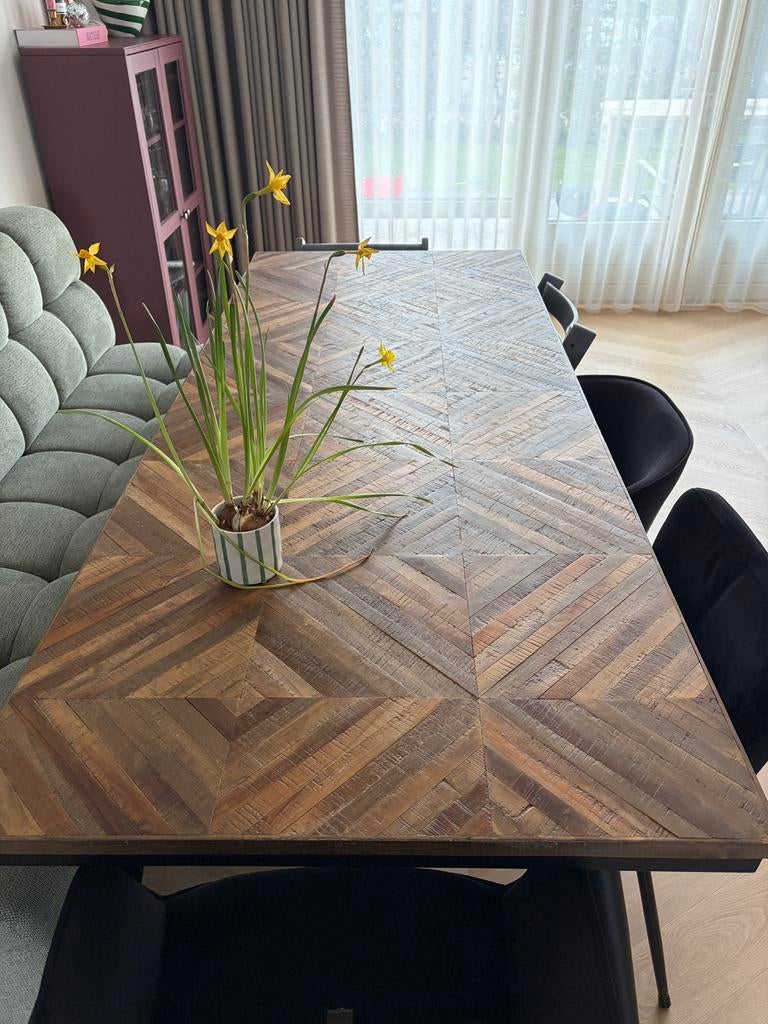 Houten eettafel 220x95, Ophalen, Gebruikt, Teakhout, 200 cm of meer