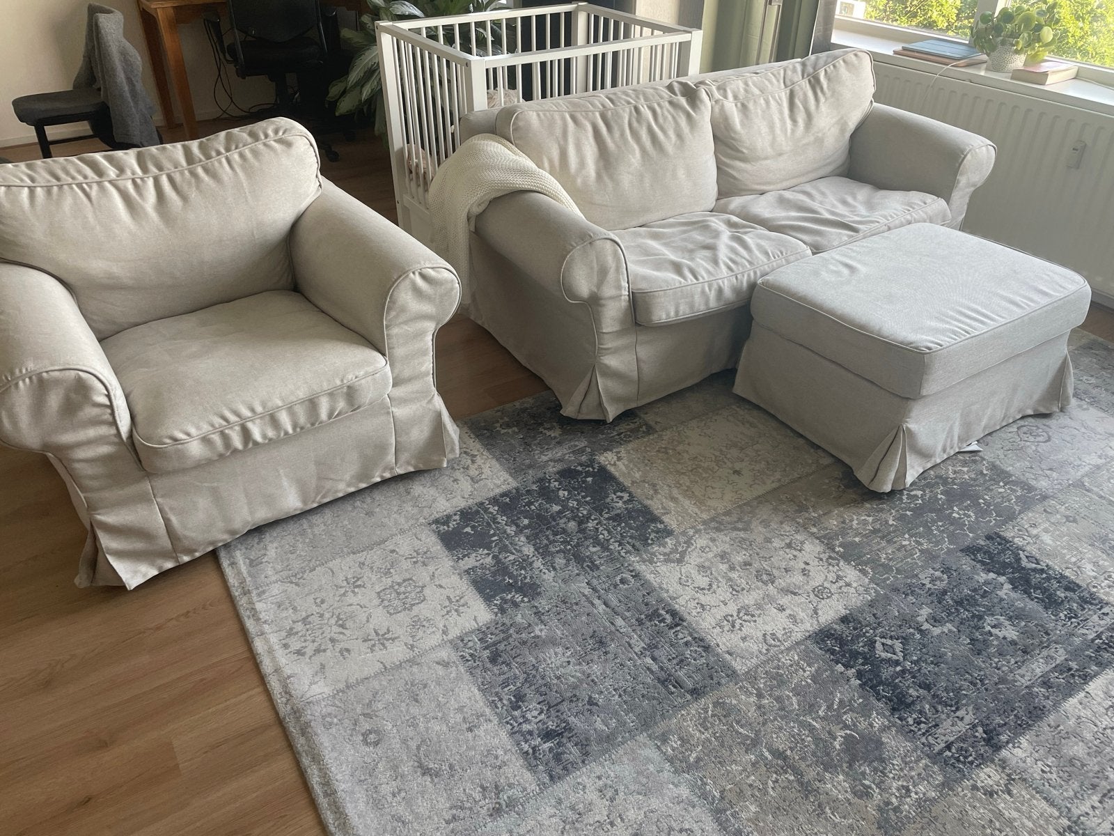 IKEA Ektorp 2-zits bank, fauteuil en poef - kleur beige, Ophalen, Gebruikt, 150 tot 200 cm, Tweepersoons