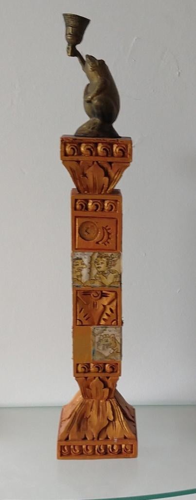 Zuil kaars kandelaar, met batik stofdetails, volgnr 28, Kunststof, 25 tot 50 cm, Ophalen of Verzenden, Zo goed als nieuw
