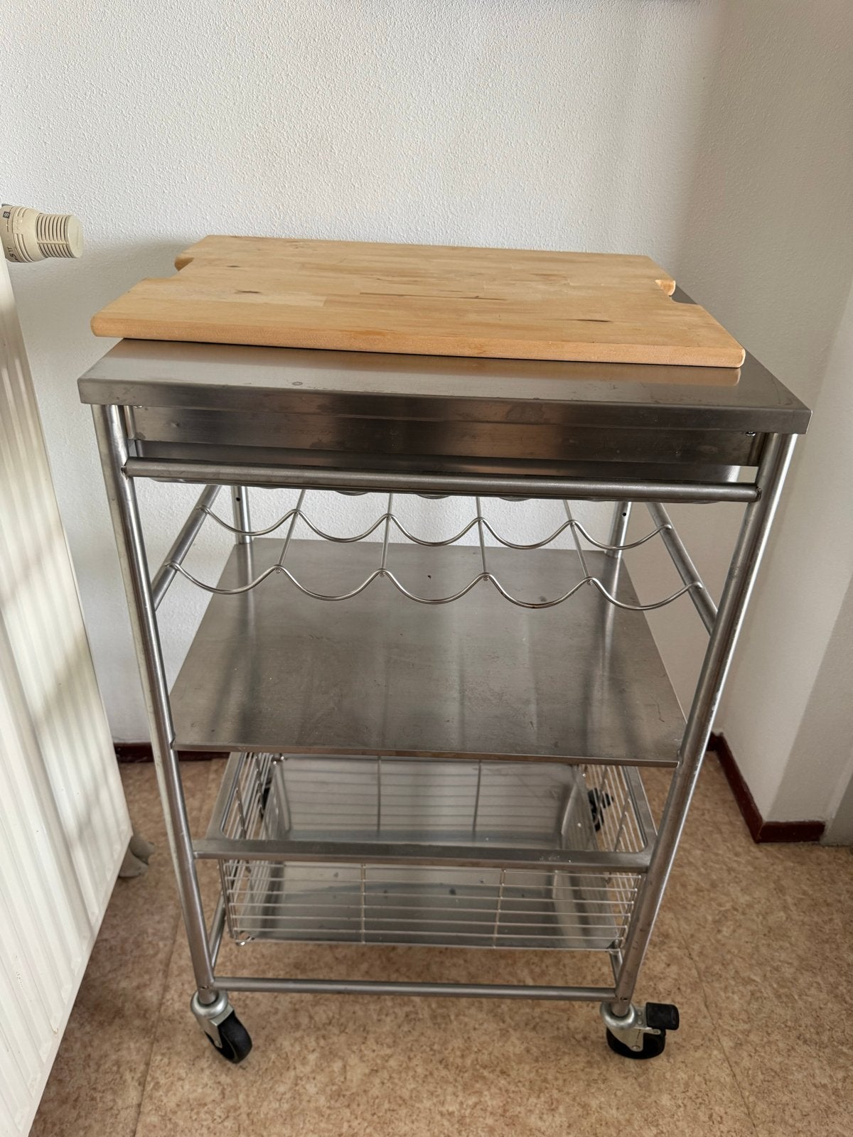 RVS Keukentrolley met snijplank en wijnrek - 90x54x41 cm, Huis en Inrichting, Ophalen, Gebruikt, Metaal, Zilver