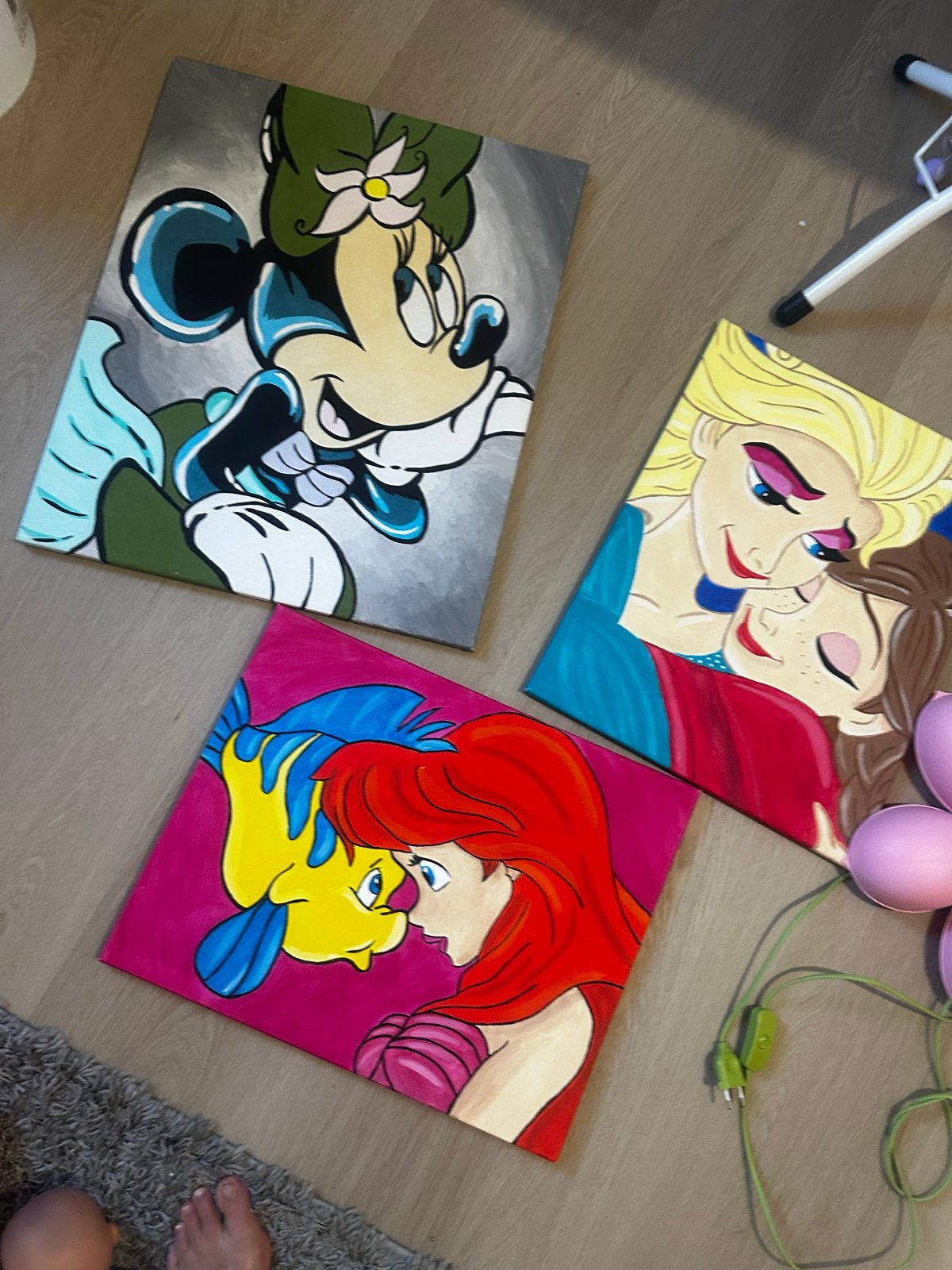 Disney Figuren Schilderijen: Minnie, Elsa & Ariel, Ophalen, Acrylverf, Handgeschilderd, Stripfiguren/cartoons
