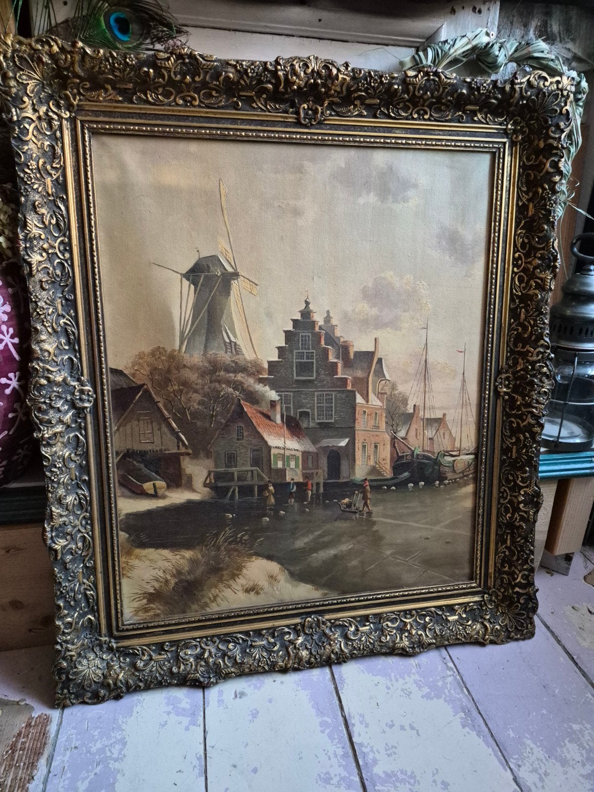 HollandsWinterlandschap olieverfschilderij in Baroklijst, Antiek en Kunst, Kunst | Schilderijen | Klassiek, Ophalen, Doek, Olieverf