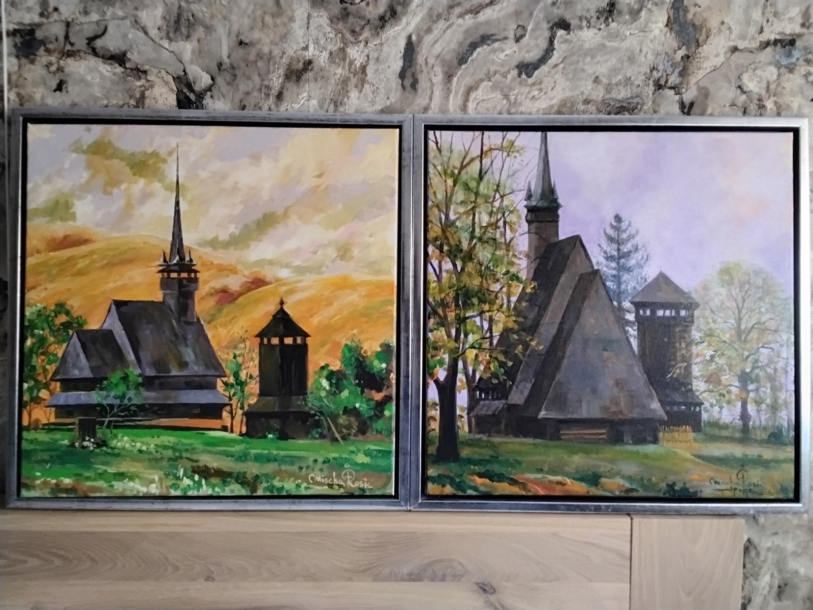 Olieverf schilderijen 2 stuks van Mischa Rosic 54 cm x 54., Ophalen