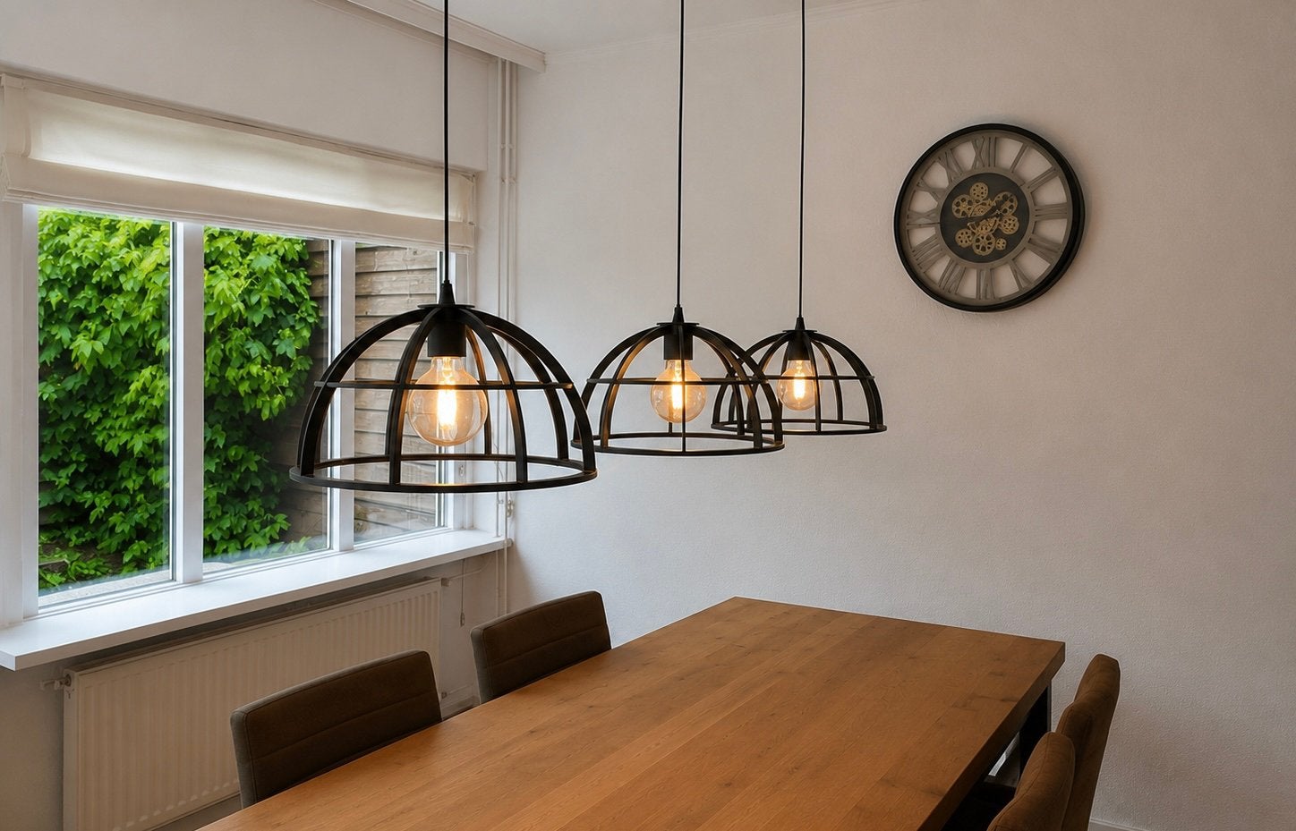 Zwarte industriële hanglamp met 3 kappen, Ophalen, Gebruikt, Metaal, E27 (groot)