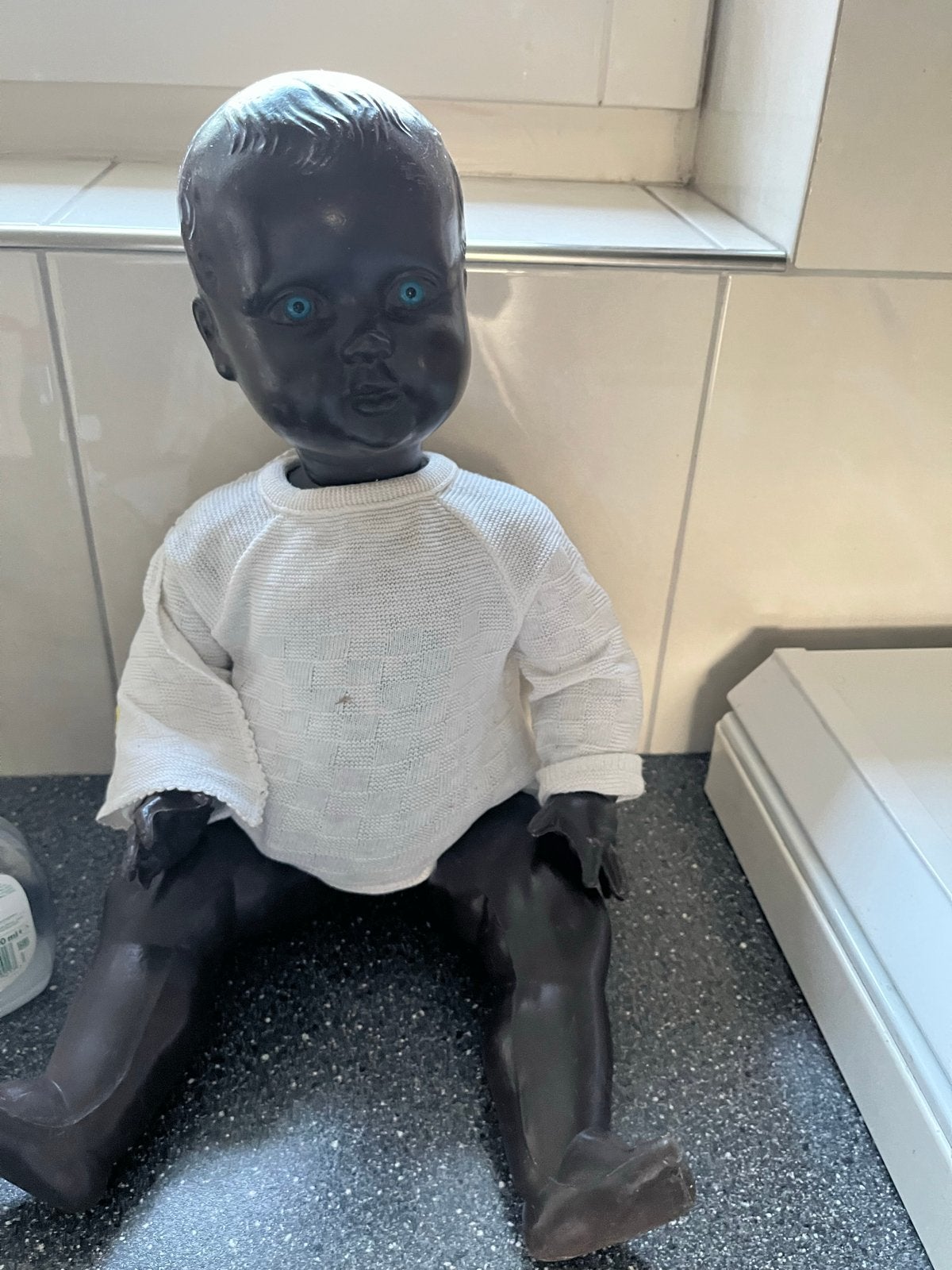 Oude pop met blauwe ogen - Vintage babypop, Verzamelen, Ophalen of Verzenden, Gebruikt, Babypop