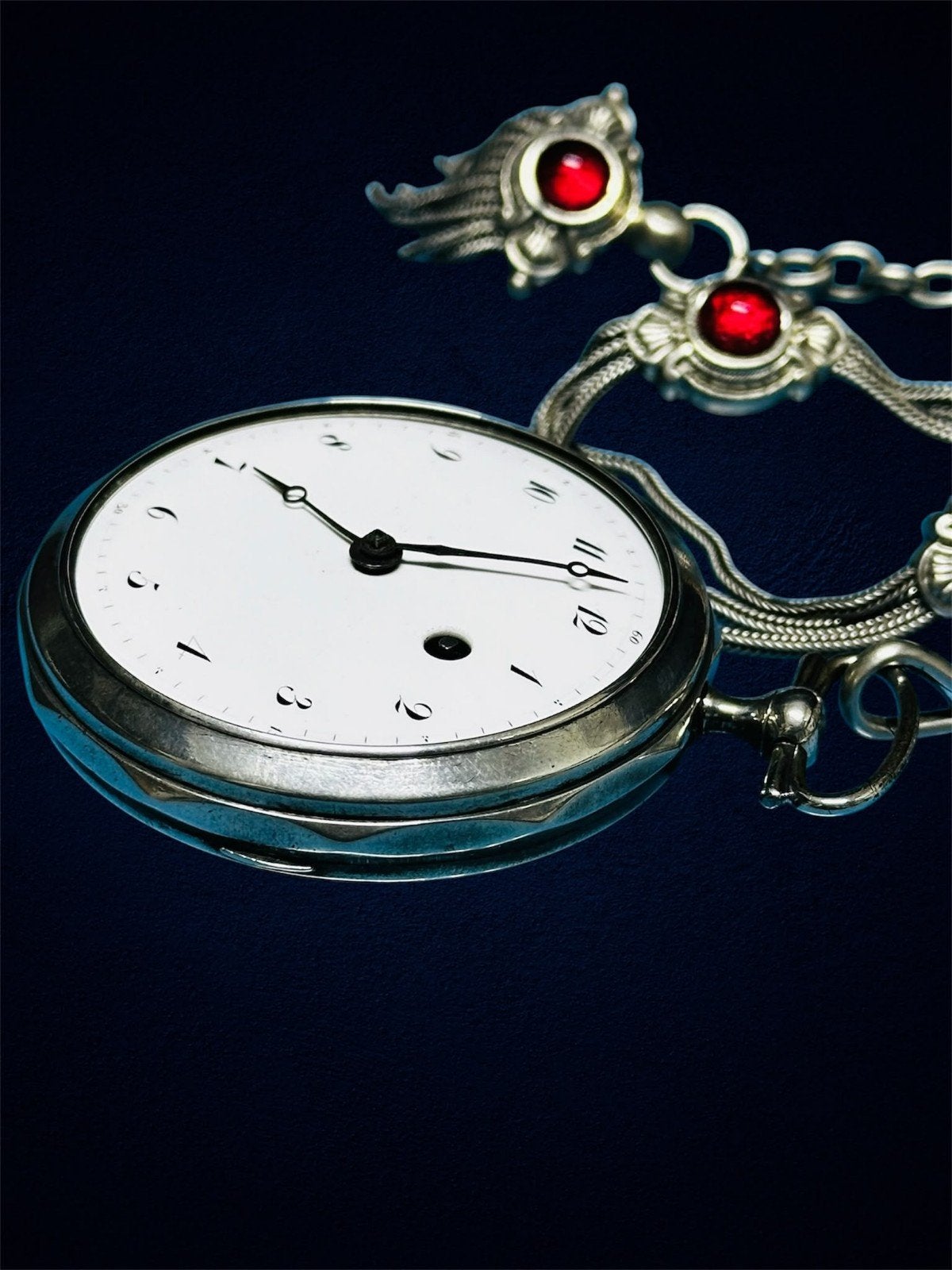 Antiek zilveren zakhorloge spillegang met ketting en standaa, Antiek en Kunst, Ophalen of Verzenden