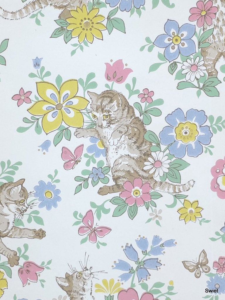 4686 60s kinderbehang katten bloemen pastel retro look swiet, Huis en Inrichting, Ophalen of Verzenden, Blauw