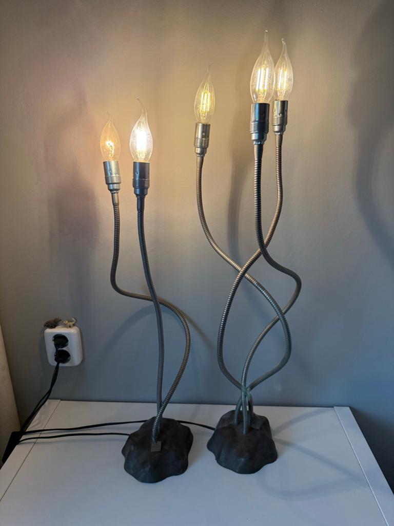 Set van 2 dimbare tafellampen 'Tom Kater' met 3 en 2 lampen, Ophalen of Verzenden, Gebruikt, Metaal, 75 cm of meer