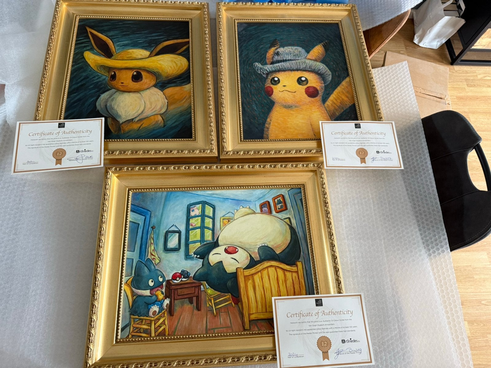 Pokemon x van gogh canvas goude lijst pikachu eevee snorlax, Hobby en Vrije tijd, Ophalen of Verzenden