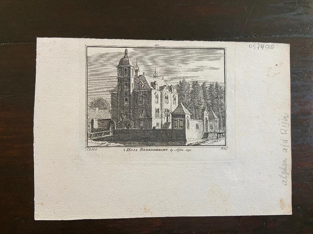 Alfen (a/d Rijn) Huis Berendrecht 1730 koper gravure, Stadsgezicht, Ophalen of Verzenden, Origineel, 11 cm