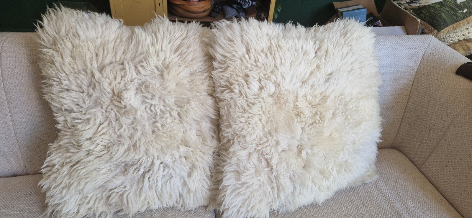 Set van 2 schapenvacht kussenhoezen - Boho stijl 50x50, Ophalen, Wit, Afneembare hoes, Zo goed als nieuw