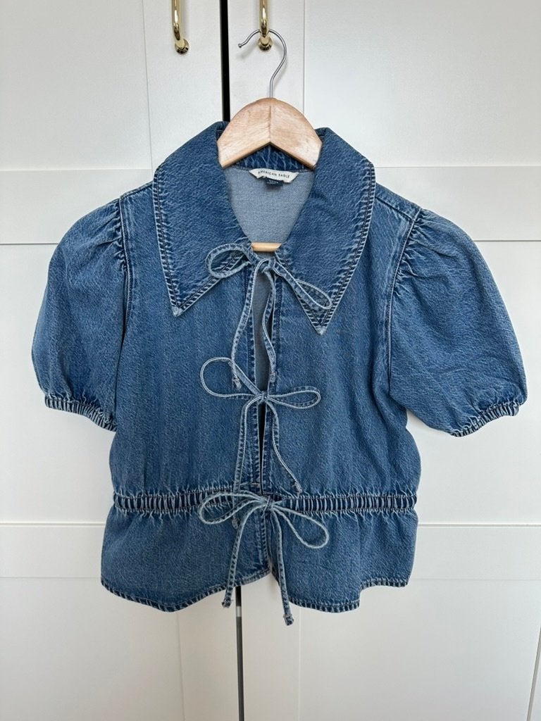 American Eagle denim top met korte mouwen - maat S, American Eagle, Blauw, Ophalen of Verzenden, Zo goed als nieuw