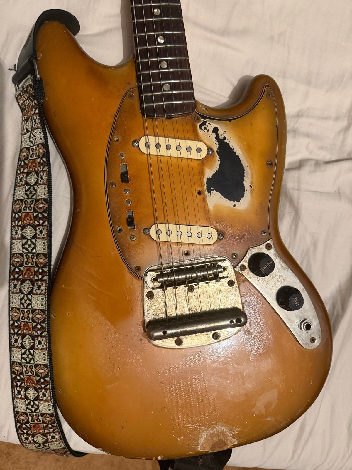 Fender Mustang Frankenstein - Jaren '70 Antigua Body, Muziek en Instrumenten, Ophalen of Verzenden, Gebruikt, Solid body, Fender