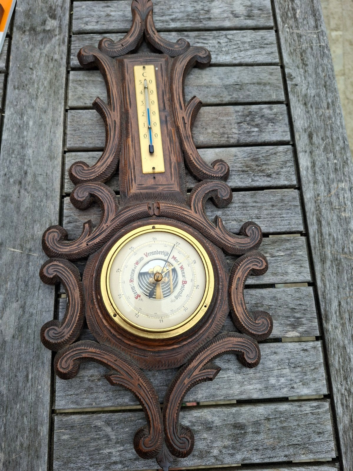 Antieke Barometer en Thermometer in Houten Frame, Ophalen of Verzenden, Gebruikt, Barometer