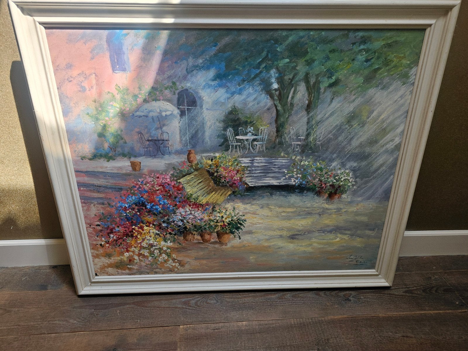 Schilderij Jan Willem Rietveld?  Tuin met bloemen en terras, Ophalen, Ingelijst, Bloemen, Doek