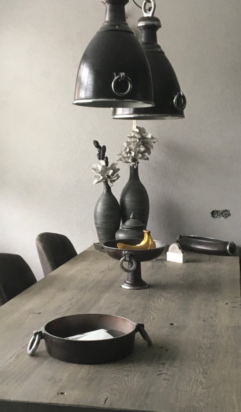 Complete gietijzeren set: lampen, schalen en propellorklok, Huis en Inrichting, Ophalen, Gebruikt, Metaal, Grijs