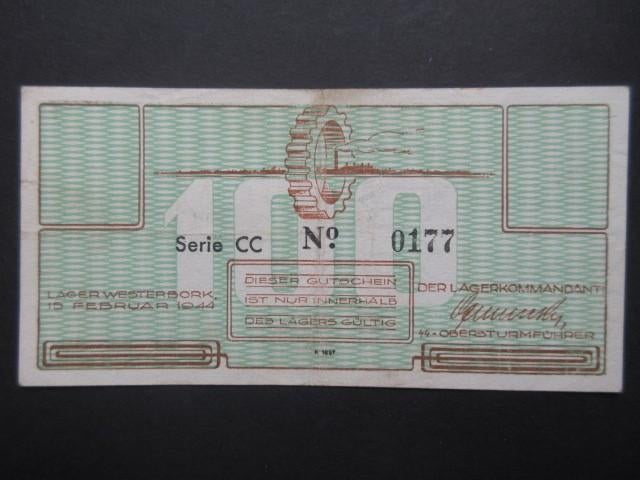 100 Cent 1944 Westerbork Kampgeld (03) WW2 [WATERMERK], Postzegels en Munten, Bankbiljetten | Nederland, Verzenden, 1 gulden, Los biljet