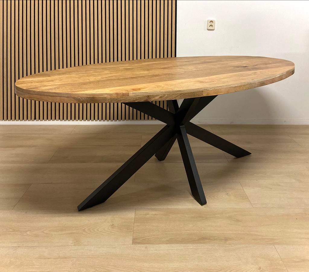 Eettafel Ovaal of Rond mangohout met metalen matrix X poot, Ophalen, 100 tot 150 cm, Mangohout industrieel sjiek landelijk ovale ovaal hout
