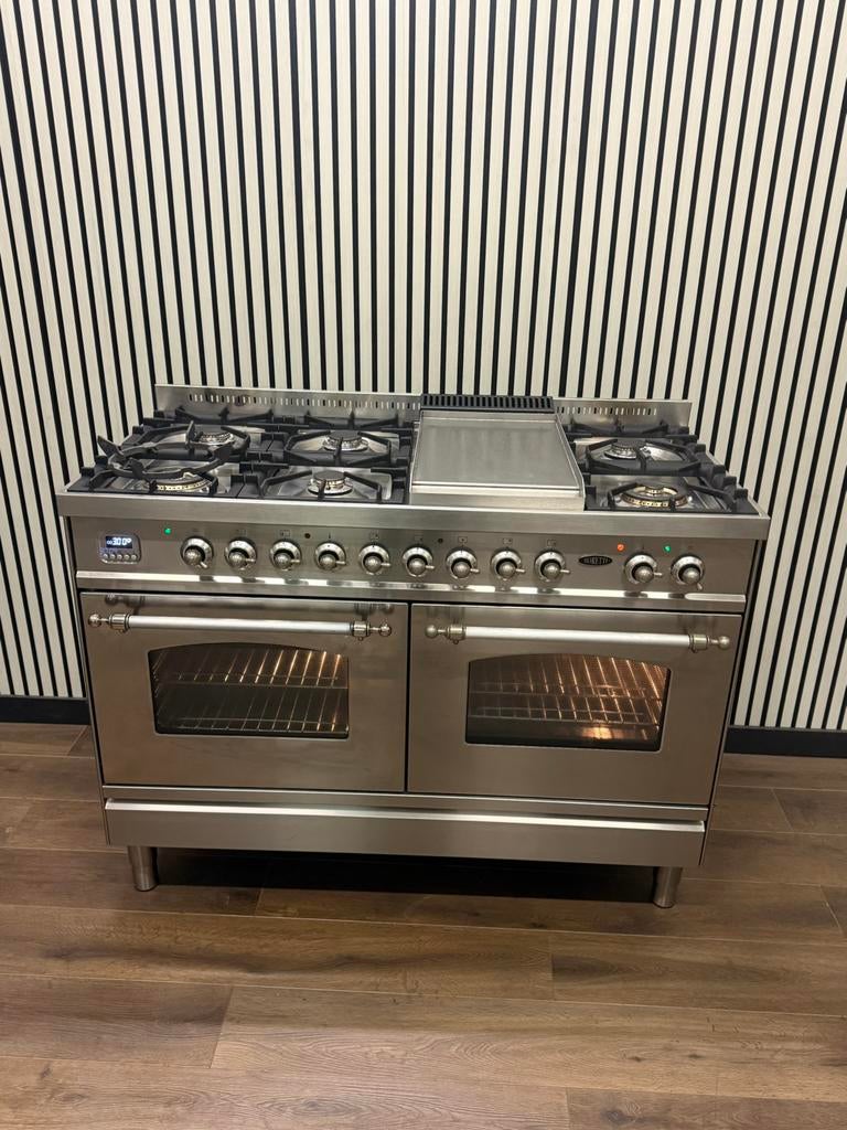 Boretti 120 cm Fornuis Dubbele Oven tot 300C FryTop & 6 Pits, Fornello Esperta, Ophalen of Verzenden, Zo goed als nieuw, Energieklasse A of zuiniger