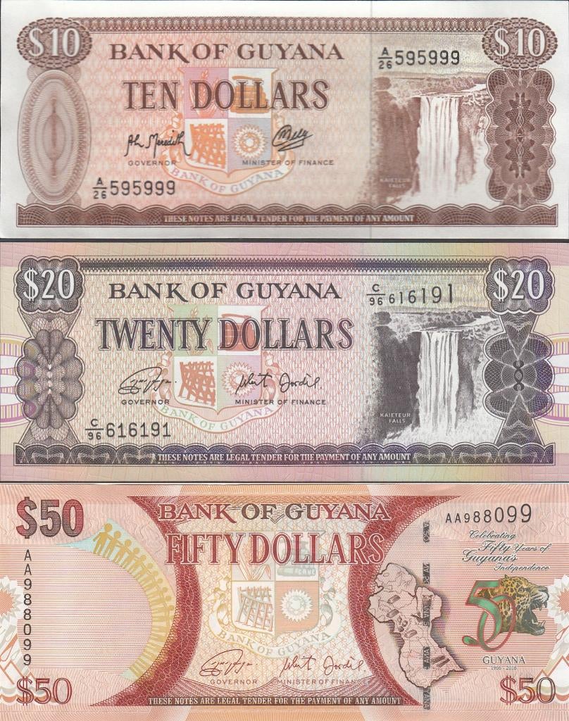 Bankbiljetten Guyana 10, 20 en 50 Dollars 1992-2018 UNC, Ophalen of Verzenden, Zuid-Amerika, Setje