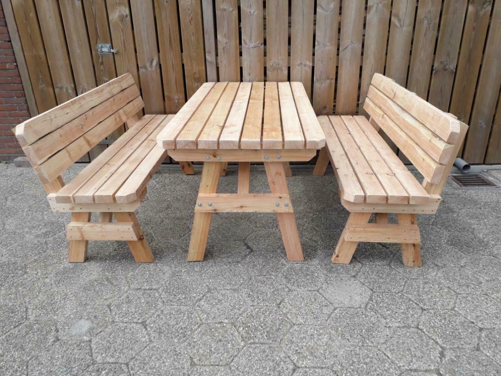 Degelijke Tafel met Losse banken met rugleuning douglas, Tuin en Terras, Verzenden, Nieuw, Hardhout, Bank