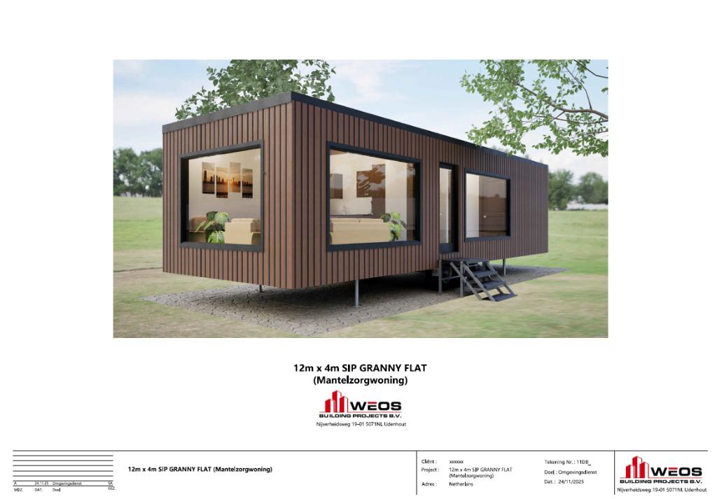 Mantelzorgwoning bouwpakket 12x4m SIP Incl. tekeningen, Tot en met 2