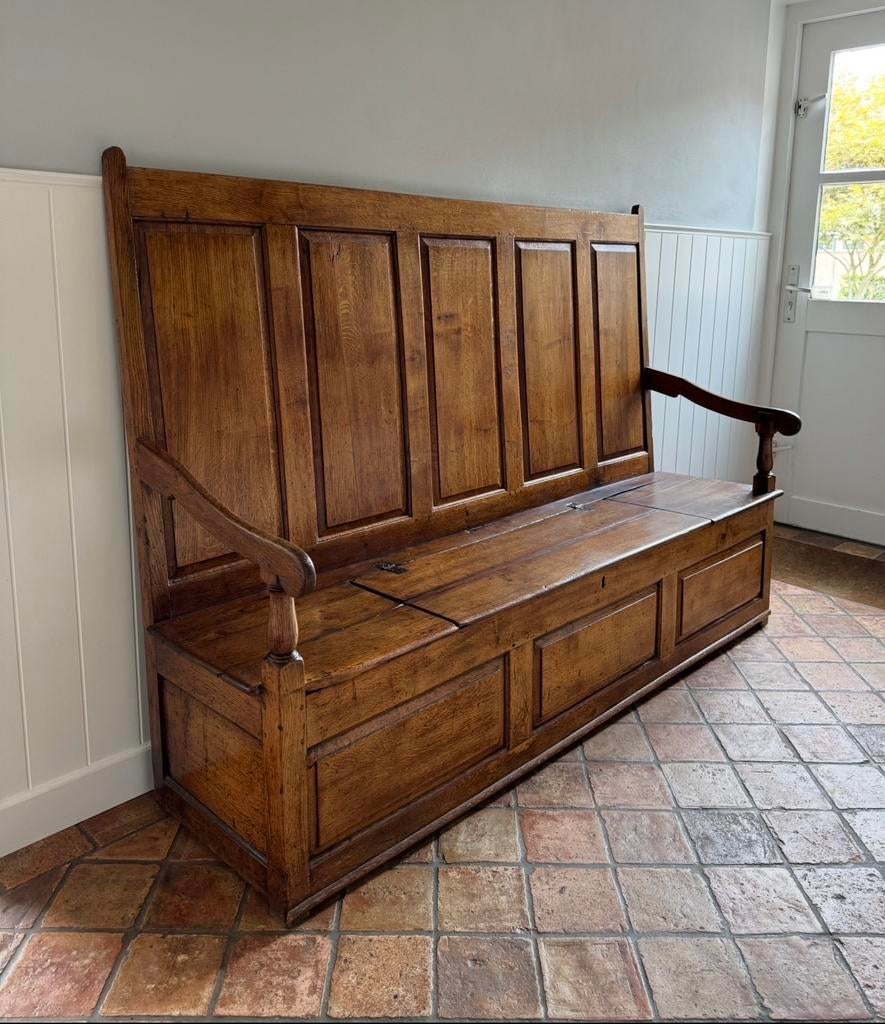 Antieke Engelse houten Halbank klepbank bank, Antiek en Kunst, Antiek | Meubels | Stoelen en Banken, Ophalen