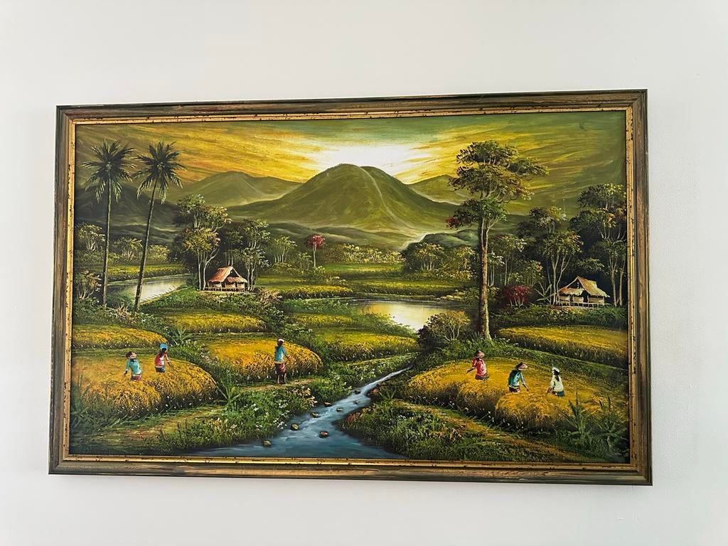 Prachtige schilderij met Indonesiësh landschap, Antiek en Kunst, Kunst | Schilderijen | Klassiek, Ophalen of Verzenden