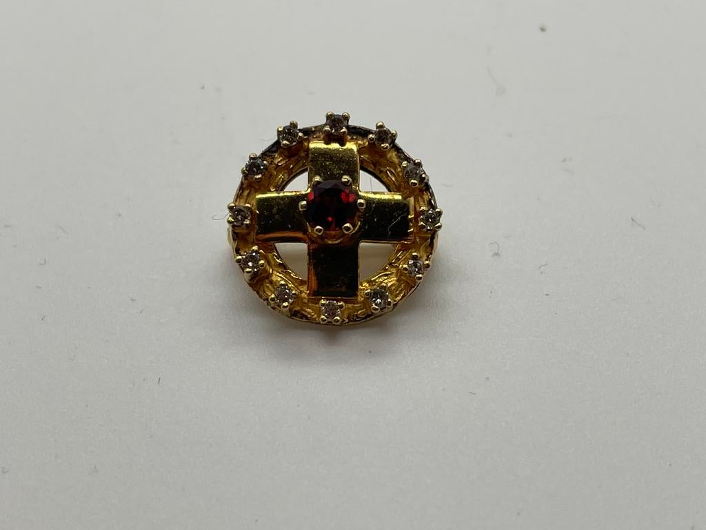 C467 Prachtige zilveren broche goudkleurig robijn diamantjes, Sieraden, Tassen en Uiterlijk, Broches, Minder dan 4 cm, Ophalen of Verzenden