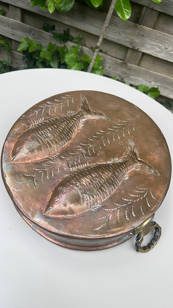 Vispan koper 27 cm met geel koperen handvaten, Ophalen of Verzenden