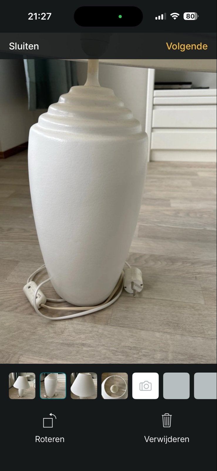 Crème tafellamp met stenen voet - H67cm, kap Ø49cm, Ophalen, Gebruikt