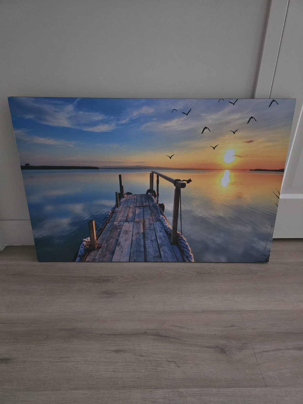 Schilderij zonsondergang met steiger en vogels, Ophalen, 50 – 75, Zo goed als nieuw, Schilderij
