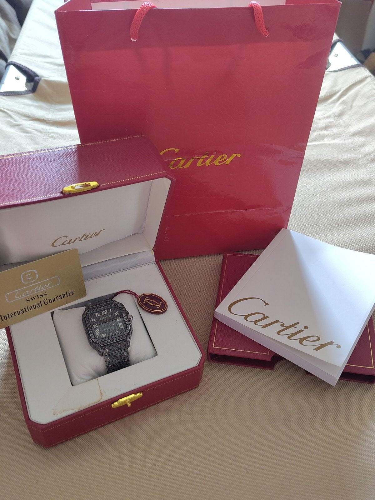 Cartier Santos  XL Zwart  Diamanten Horloge iced out, Ophalen of Verzenden