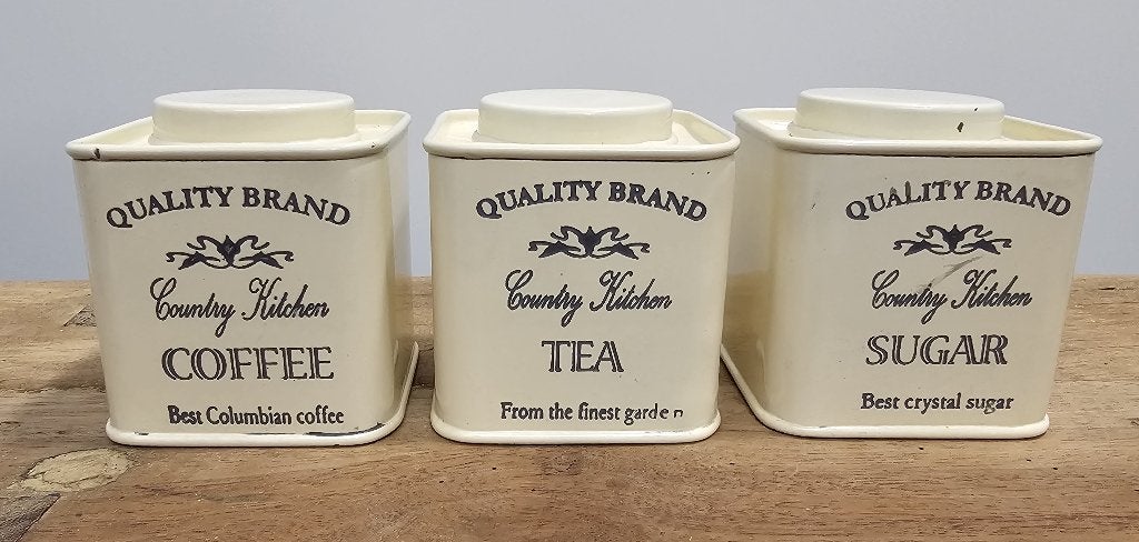3 LEUKE KLEINE BROCANTE "QUALITY BRAND" VOORRAADBUSSEN, Beige, Gebruikt, Ophalen of Verzenden, Voorraadpot