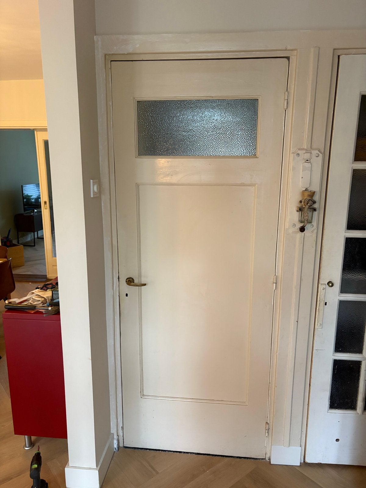 Antieke stompe binnendeur rechtsdraaiend met glas, Gebruikt, 80 tot 100 cm, Binnendeur, Ophalen of Verzenden