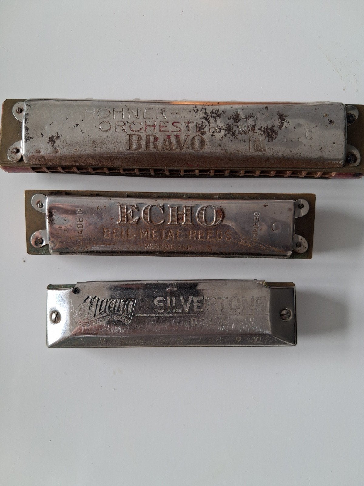 3 Vintage Mondharmonica's: Hohner, Echo, Huang, Muziek en Instrumenten, Ophalen of Verzenden, Gebruikt, Diatonisch, Overige typen